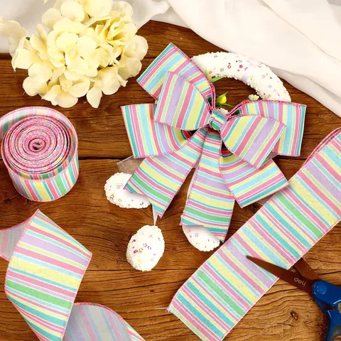 Easter Burlap Ribbon Wired Edge Polyester Rainbow Striped Craft Ribbon For DIY Wreaths Gift Wrapping Spring Party Home Decor Ribbon Roll