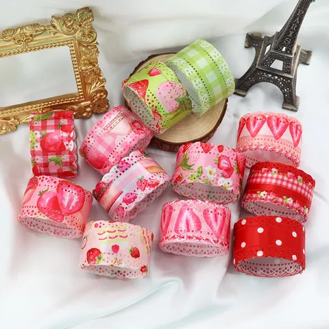 Polyester Strawberry Plaid Hollowed Out Lace Edge Satin Ribbon For DIY Hair Bows Gift Wrapping Party Wedding Stage Scene Decor Ribbon Material