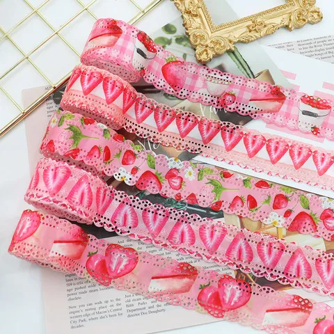 Polyester Strawberry Plaid Hollowed Out Lace Edge Satin Ribbon For DIY Hair Bows Gift Wrapping Party Wedding Stage Scene Decor Ribbon Material