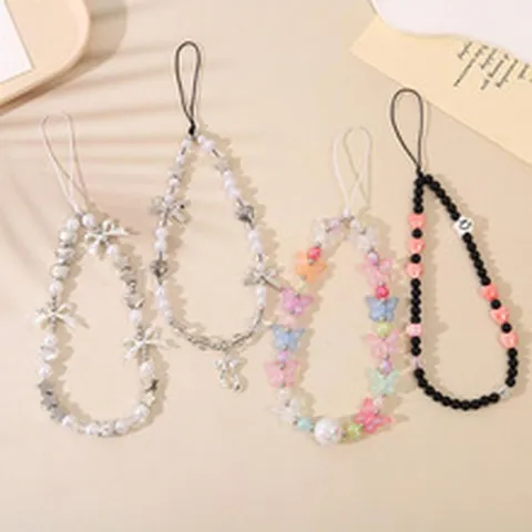 Handmade Beaded Phone Lanyard Wrist Strap With Bow Heart Star Butterfly Beads Imitation Artificial Pearl Phone Charm For Women Girls