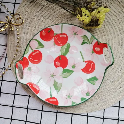 Schattig Keramisch Bord Met Twee Handvatten Vruchtensalade Dessert Dinerbord Handgeschilderd Cartoon Fruitpatroon Geschikt voor Magnetron