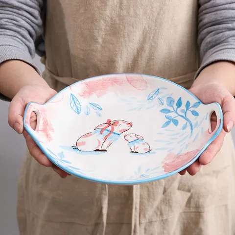 Schattig Keramisch Bord Met Twee Handvatten Vruchtensalade Dessert Dinerbord Handgeschilderd Cartoon Fruitpatroon Geschikt voor Magnetron