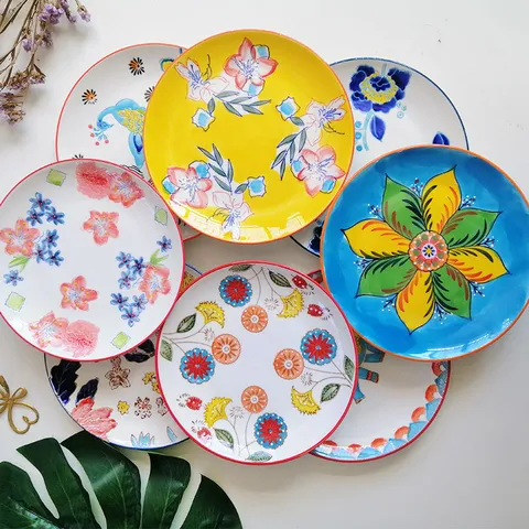 Handgeschilderd Keramisch Dinerbord Artistiek Bloemen Biefstuk Dessert Schaal Decoratief Porselein Servies Voor Thuis Banket