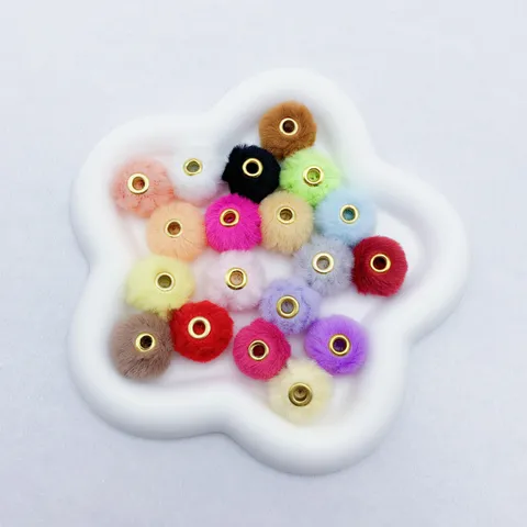Faux Rabbit Fur Ball Spacer Beads Fluffy Pom Pom Charms With Golden Metal Hole DIY Jewelry Making Craft Supplies