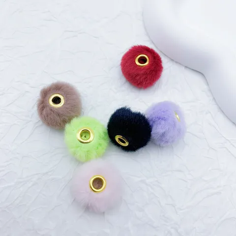 Faux Rabbit Fur Ball Spacer Beads Fluffy Pom Pom Charms With Golden Metal Hole DIY Jewelry Making Craft Supplies