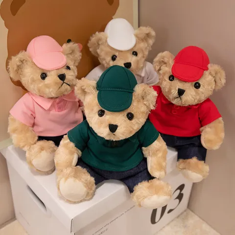 Cartoon Sitting Teddy Bear Plush Toy With Polo Shirt And Hat Short Plush PP Cotton Bear Doll Soft Hugging Bear For Kids Room Decor