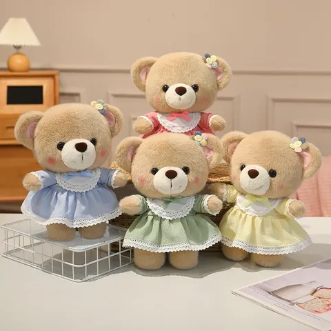 Cute Teddy Bear Plush Toy With Princess Lace Dress Soft Stuffed Animal Doll Accompaniment Gift For Children Room Decor Home Ornament