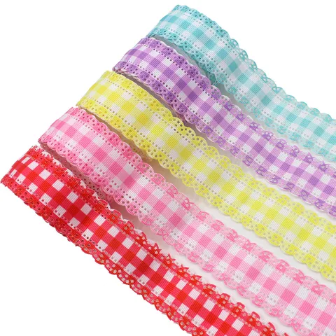 Grosgrain Ribbon With Hollow Out Lace Edge Gradient Plaid Printed Ribbon Trim For DIY Bows Clothing Gift Wrap Craft Supply
