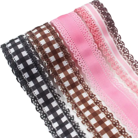 Grosgrain Ribbon With Hollow Out Lace Edge Gradient Plaid Printed Ribbon Trim For DIY Bows Clothing Gift Wrap Craft Supply