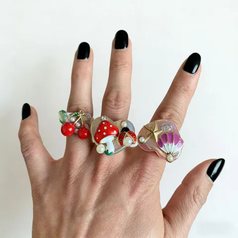 Nischen Vergoldetes Kupfer Harz Handgefertigter Ring Für Damen Offen Einstellbar Barockperle Bunter Perlen Herz Frucht Cocktailring