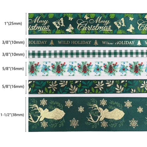Christmas Polyester Ribbon Forest Green Gold Stamping Christmas Tree Reindeer Plaid Ribbon For Gift Wrapping Decoration Party Decor
