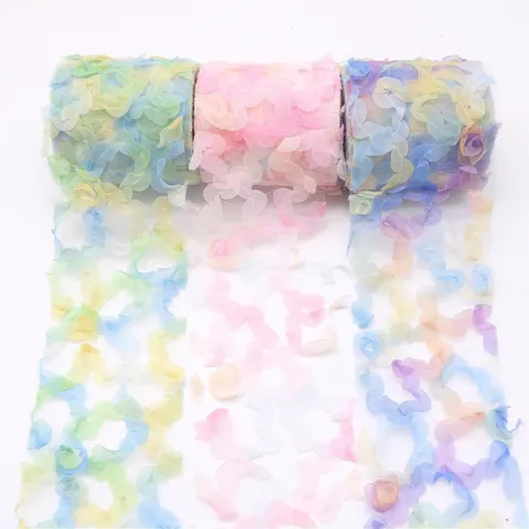 Rainbow Gradient Rose Tulle Mesh Ribbon Polyester Organza Gauze Sheer Trim For DIY Hair Bow Craft Gift Wrapping Wedding Decoration