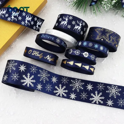Christmas Blue Polyester Ribbon Glitter Snowflake Reindeer Print Satin Ribbons For Gift Wrapping Holiday Decoration Craft Ribbons