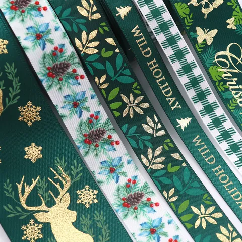 Christmas Polyester Ribbon Forest Green Gold Stamping Christmas Tree Reindeer Plaid Ribbon For Gift Wrapping Decoration Party Decor