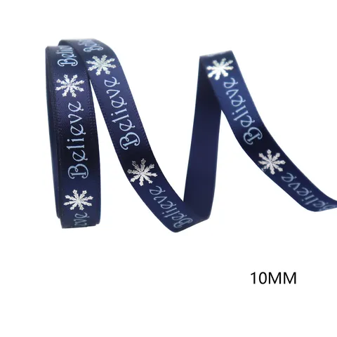 Christmas Blue Polyester Ribbon Glitter Snowflake Reindeer Print Satin Ribbons For Gift Wrapping Holiday Decoration Craft Ribbons