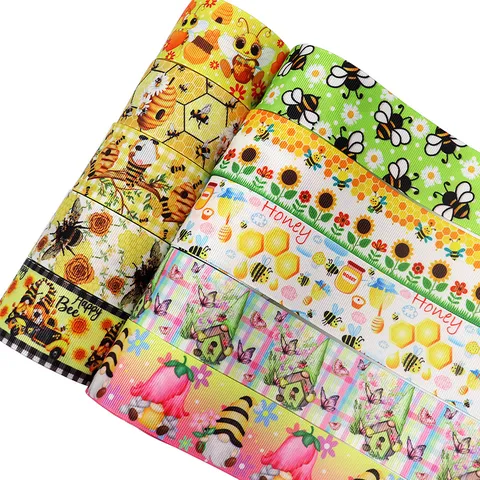 Cute Cartoon Bee Sunflower Printed Polyester Grosgrain Ribbon For DIY Crafts Hair Bows Gift Wrapping Key Accessories