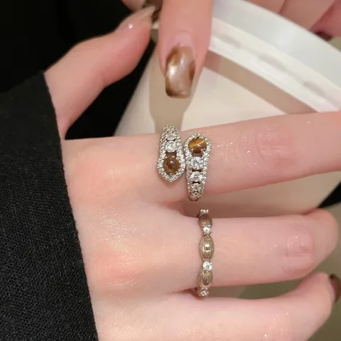 Franse Vintage Champagne Goud Micro-Ingelegd Open Ring Luxe Champagne Goud Stapelbare Ringen Voor Vrouwen Strass Zirconia Wijsvinger Sieraden