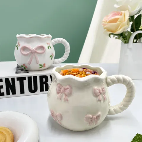 Ins Stijl Schattige Strik Keramische Mok Creatieve Roze 3D Strik Koffiekop Middagthee Keramische Waterbeker Cadeau