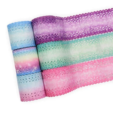 Cinta de Encaje Calado Gingham de 44mm Degradado Multicolor Cinta de Poliéster para Lazos DIY Envoltura de Regalos Artesanía Hecha a Mano