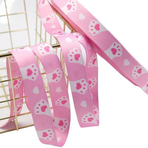 Cute Pink Cat Paw Heart Printed Polyester Grosgrain Ribbon Double Sided Thickened Ribbon For DIY Hair Bow Gift Wrapping