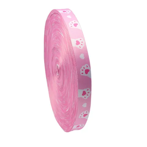 Cute Pink Cat Paw Heart Printed Polyester Grosgrain Ribbon Double Sided Thickened Ribbon For DIY Hair Bow Gift Wrapping