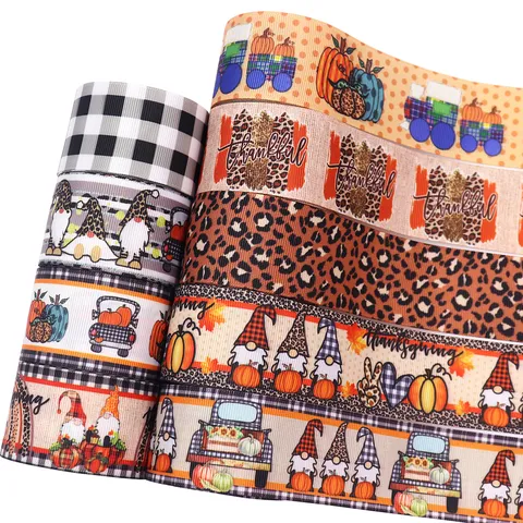 Polyester Grosgrain Ribbon Halloween Thanksgiving Pumpkin Leopard Gnome Print Ribbon For DIY Crafts Gift Wrapping Party Decor