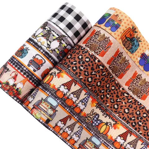 Polyester Grosgrain Ribbon Halloween Thanksgiving Pumpkin Leopard Gnome Print Ribbon For DIY Crafts Gift Wrapping Party Decor