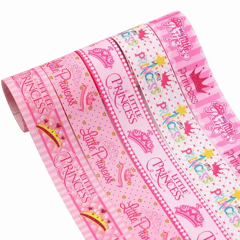 Pink Cartoon Princess Crown Printed Grosgrain Ribbon Polyester Fabric Webbings Tape For Handmade DIY Bows Craft Gift Wrapping Home Decor
