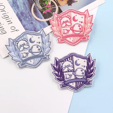 Preppy Embroidered Shield Patch Brooch Cute Bear Moon Planet Wing Badge For Shirt Uniform Costume Accessories Decoration