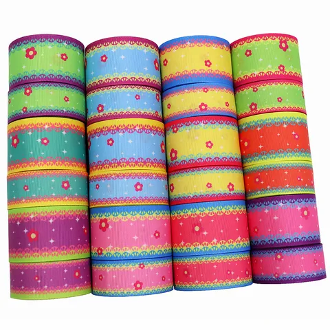 Multicolor Polyester Grosgrain Ribbon Heat Transfer Printed Floral Lace Trim Star Pattern For Craft Handmade DIY Sewing Gift Ribbon