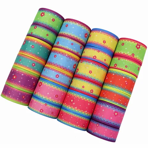 Multicolor Polyester Grosgrain Ribbon Heat Transfer Printed Floral Lace Trim Star Pattern For Craft Handmade DIY Sewing Gift Ribbon