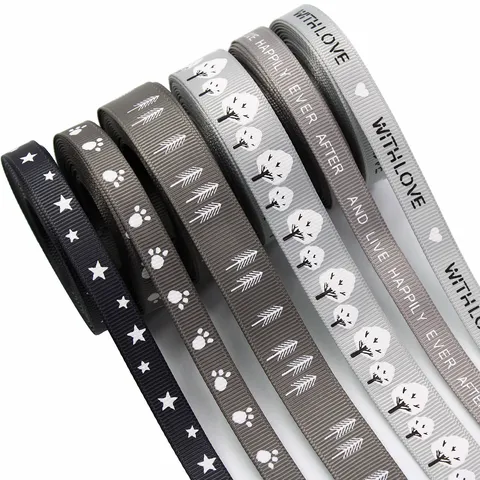 Grey Grosgrain Ribbon With Printed Stars Trees Hearts Patterns For Valentine's Day Easter Bouquet Gift Box DIY Crafts Decoration