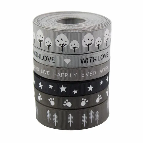Grey Grosgrain Ribbon With Printed Stars Trees Hearts Patterns For Valentine's Day Easter Bouquet Gift Box DIY Crafts Decoration