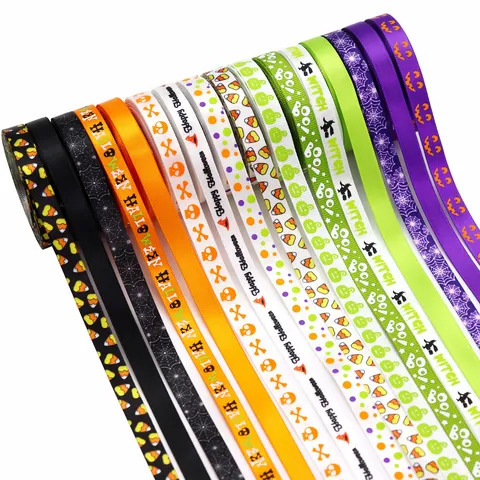 Halloween Polyester Grosgrain Ribbon For DIY Bows Gift Box Wrap Pumpkin Witch Skull Decorative Ribbon Halloween Atmosphere Ribbon