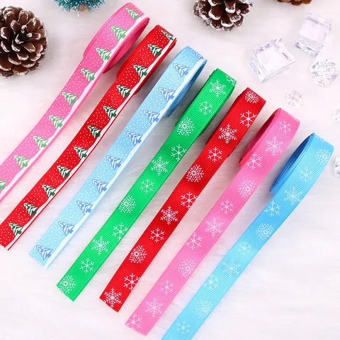 Polyester Christmas Ribbon With Tree Snowflake Bear Pattern For Gift Wrapping Holiday Decoration Grosgrain Printed Ribbon Roll
