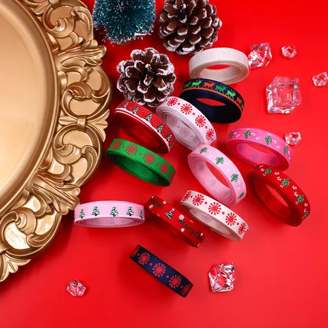 Ruban de Noel en Polyester Imprime Flocon de Neige Renne Ruban Gros-Grain pour Emballage Cadeau Decoration de Fete Fournitures de Noel
