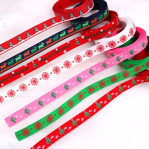 Ruban de Noel en Polyester Imprime Flocon de Neige Renne Ruban Gros-Grain pour Emballage Cadeau Decoration de Fete Fournitures de Noel