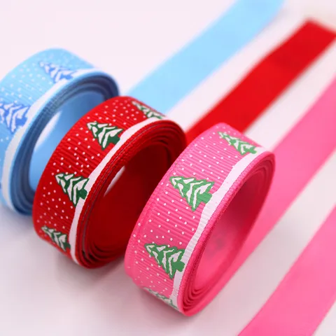 Polyester Christmas Ribbon With Tree Snowflake Bear Pattern For Gift Wrapping Holiday Decoration Grosgrain Printed Ribbon Roll