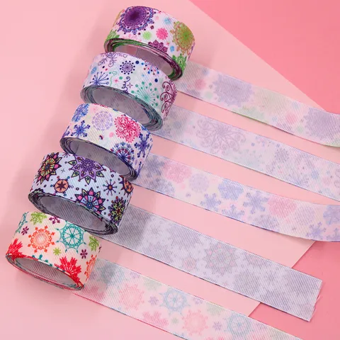 Christmas Snowflake Pattern Multicolor Grosgrain Ribbon Festive Polyester Trim For Gift Wrapping DIY Bows Hair Accessories Holiday Party Decorative Ribbons