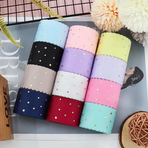 Polyester Grosgrain Ribbon Wavy Lace Edge Gold Stamping Star Design For Bow Accessories DIY Handicrafts Headwear Ribbon