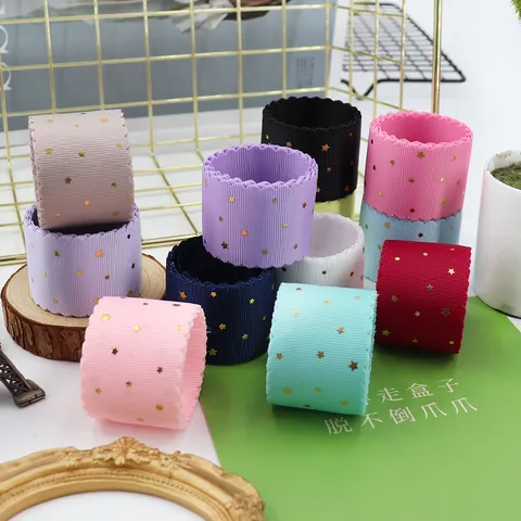 Polyester Grosgrain Ribbon Wavy Lace Edge Gold Stamping Star Design For Bow Accessories DIY Handicrafts Headwear Ribbon