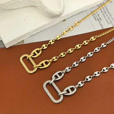 Bracciale Collana a Catena in Acciaio al Titanio Minimalista per Donna Uomo Oro Argento Strass Catena ad Ancora Set di Gioielli