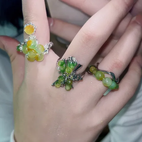 Niche Design Green Raw Stone Handmade Beaded Ring For Women Vintage Lava Style Adjustable Open Ring Summer Jewelry Gift