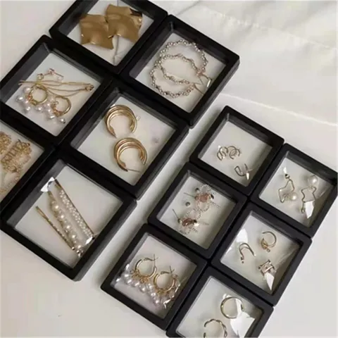 Minimalist Plastic Transparent PE Film Floating Jewelry Box Square Rings Earrings Display Container Showcase Desktop Organizer
