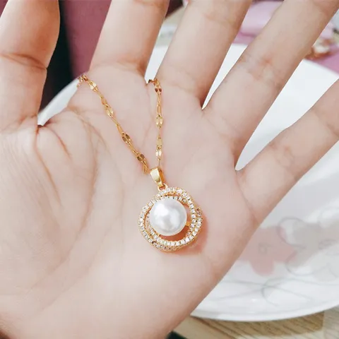 Collana con Ciondolo in Acciaio al Titanio Perla Artificiale Strass per Donna Catena di Clavicola Dorata Gioielli Regalo