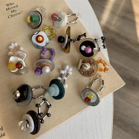 Vintage Handmade Beaded Elastic Ring For Women Niche Design Geometric Patchwork Resin Artificial Pearl Stackable Finger Ring Casual Party Jewelry Gift