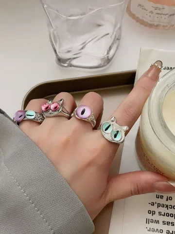 Niche Design Cute Cat Eye Monster Adjustable Open Ring Alloy Resin Stackable Finger Ring For Women Quirky Ins Style Jewelry