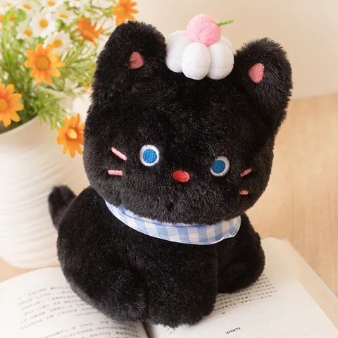 Cute Black Cat Plush Toy Stuffed Animal Soft Kitten Doll With Cream Cherry Decor And Bib Cute Pillow Gift For Kids