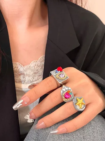 Vintage Legering Emaille Open Ring Voor Vrouwen Breed Stapelen Strass Kunstparel Geometrische Ring Instagram Mode Sieraden Ring Cadeau