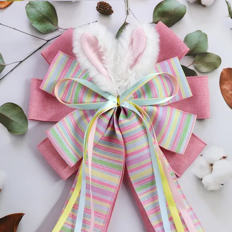Handmade Easter Ribbon Bow With Plush Bunny Ears Pink Stripe Decorative Large Bow For Spring Wreath Home Festival Party Decoration
